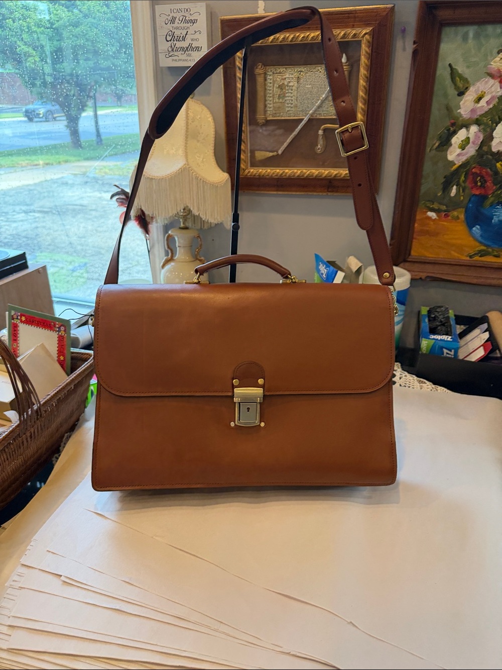 Schlesinger Tan Leather Briefcase with Adjustable Shoulder Strap Brass hardware